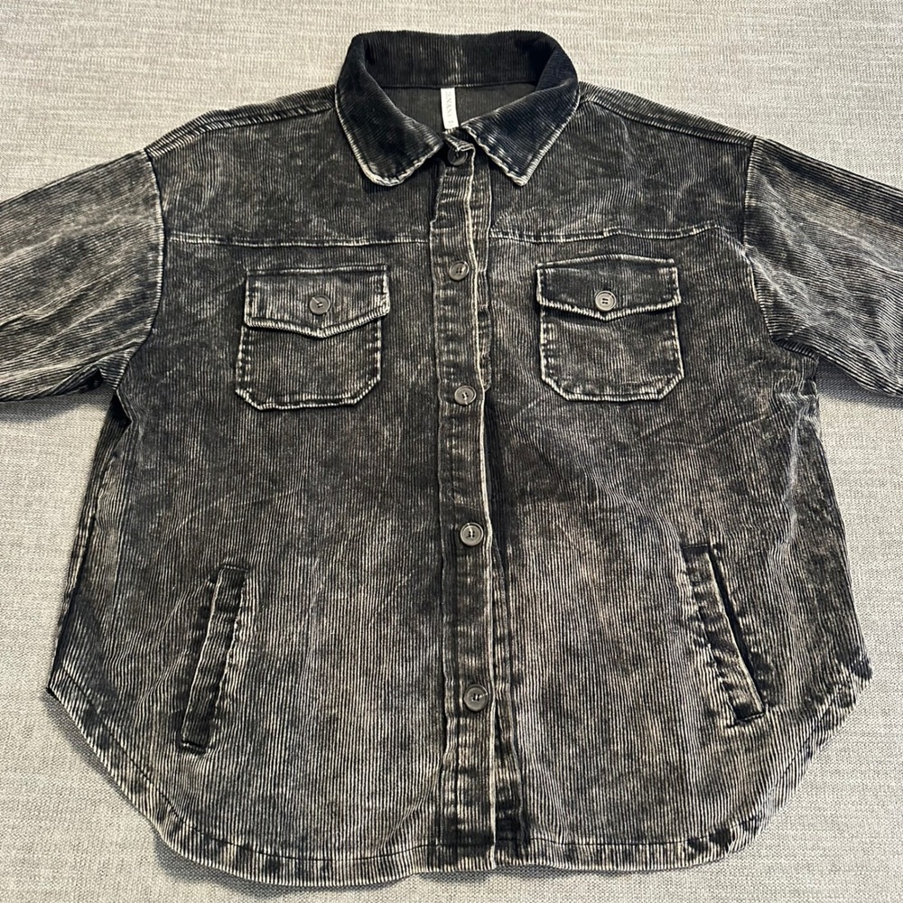 Zenana Corduroy Shacket Women 2X Black Mineral Wash Button Oversized Jacket